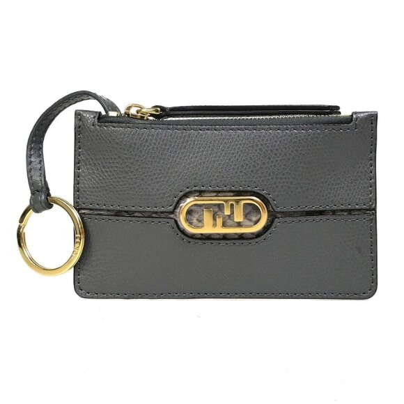 FENDI O' Lock Fragment Case Coin Wallet Purse Leather Grey Gold Italy 30HC099 - Picture 1 of 16